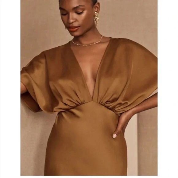 NWT Anthropologie BHLDN Amelia Deep V Satin Gown Maxi Dress Long in Rust Brown 4 - Picture 4 of 16